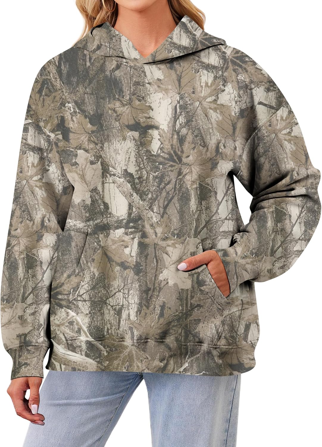 Camo Fleece Hoodie For Men Women Long Sleeve Drop Shoulder Oversized Hooded Sweatshirt Pullover With Pocket - Image 2