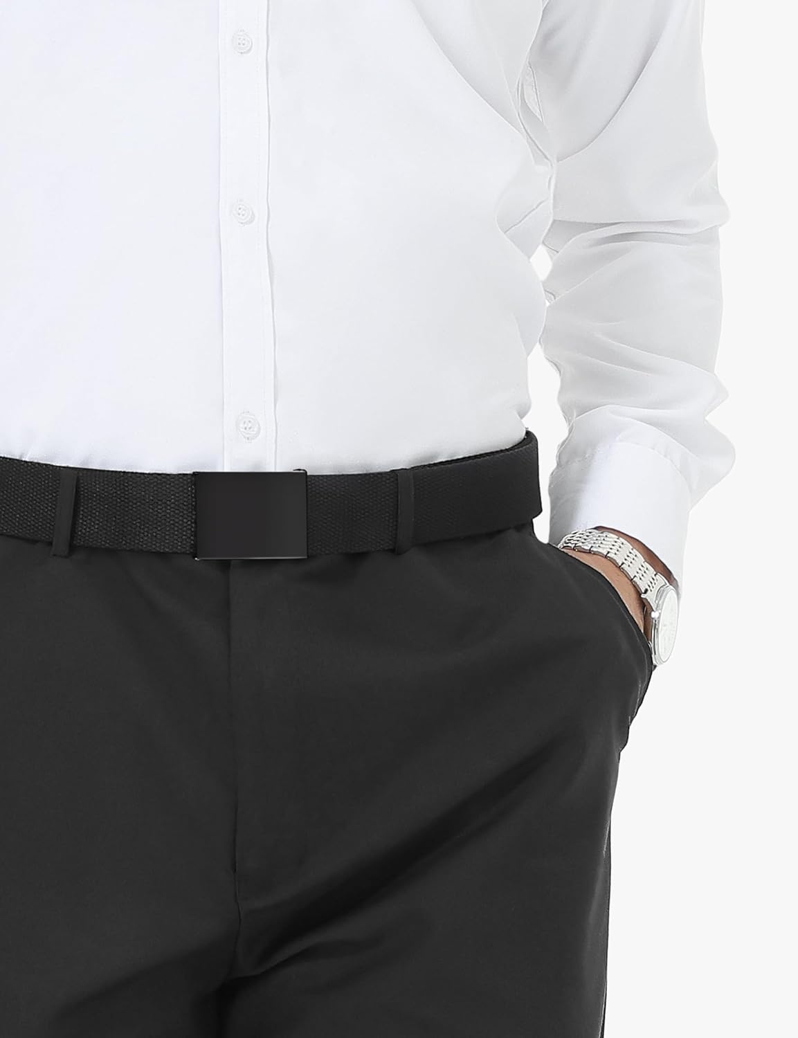 Mens Belt,Work Belts for Men,Mens Holeless Adjustable Canvas Web Cloth Fabric Belts,Black Casual Dress Business Belt - Image 2