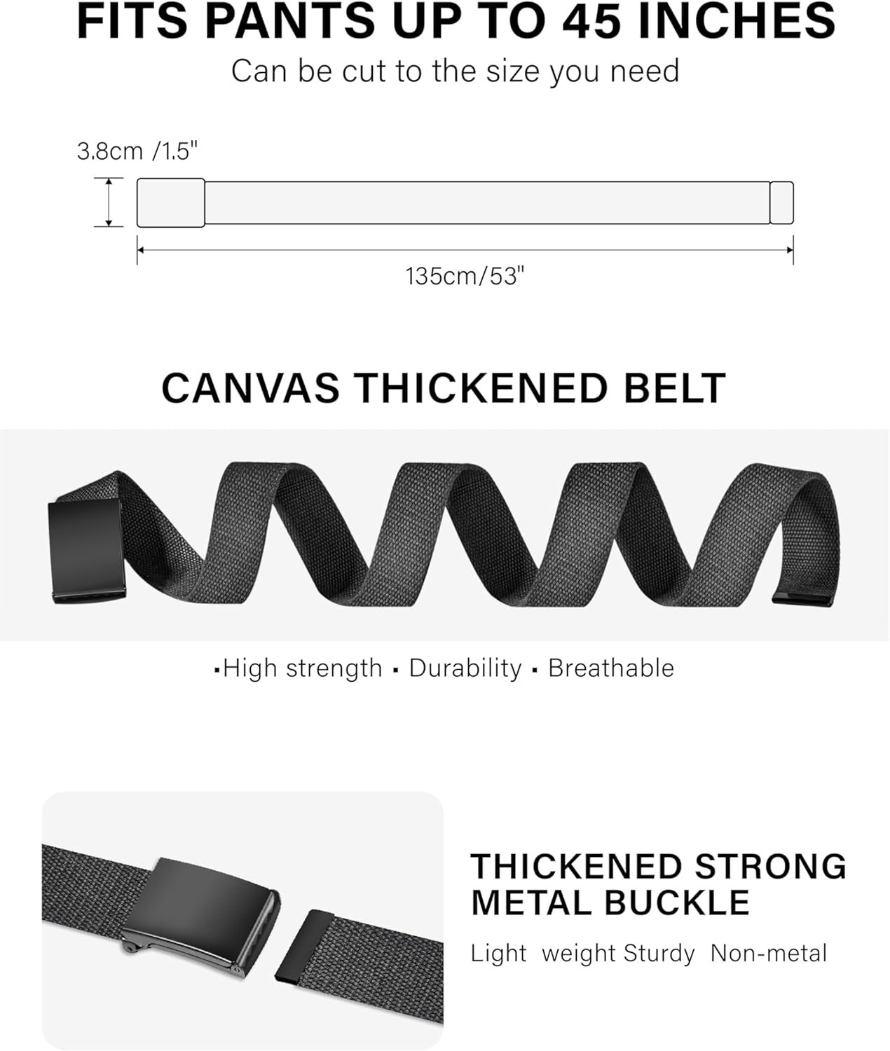 Mens Belt,Work Belts for Men,Mens Holeless Adjustable Canvas Web Cloth Fabric Belts,Black Casual Dress Business Belt - Image 3